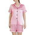 thumbnail image 3 of Women's Short Sleeve Shorts Set 2 Piece Button Up Spring Lightweight Pjs Silk Pajama Set Summer Sleepwear Soft Silky Comfy Pink 4-6, 3 of 5