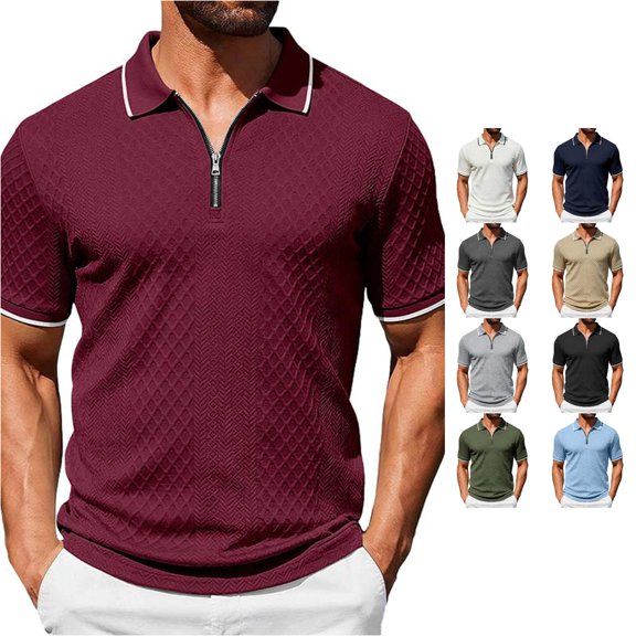 CAIVO Polo Shirts For Men Summer Casual Zip Shirts Short Sleeve Textured Knit Tops Slim Fit Lapel Solid Color Classic Fit Golf For Vacation , S
