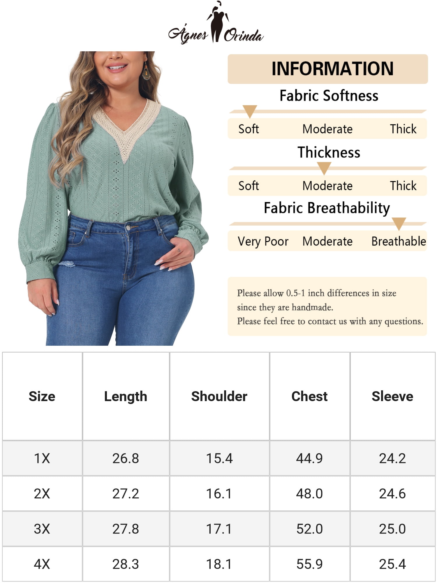 DARING DIVA  Women's Plus Lace V Neck Blouse Casual T Shirt 2X Green