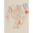 thumbnail image 3 of Suealasg Newborn Girl Fall Outfits 2Pcs Baby Girl Clothes Set Plush Letter Embroidery Ribbed Long Sleeves Romper and Elastic Pants 3 6 9 12 18 Months Infant Girls Autumn Clothing, 3 of 9