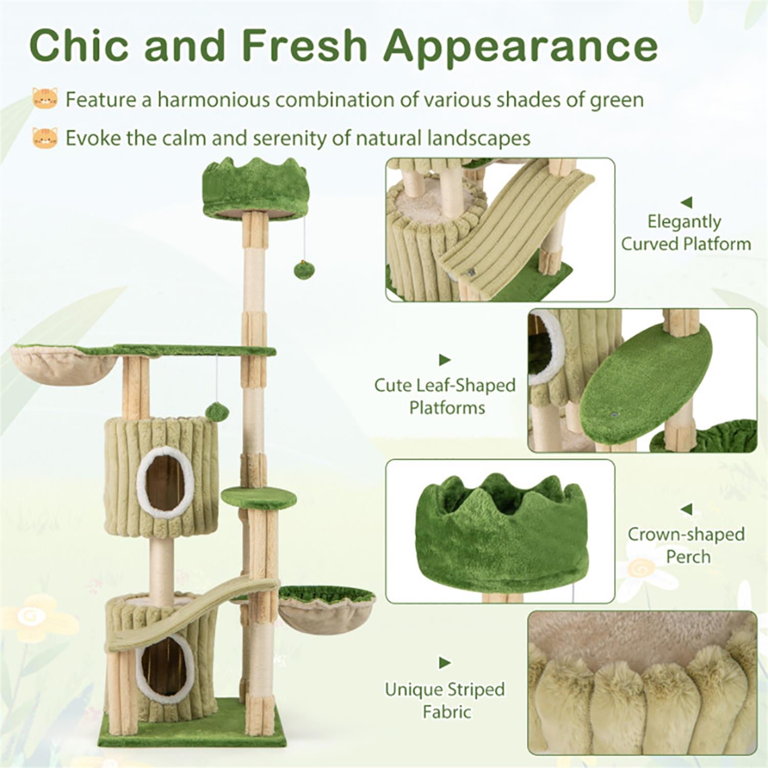 resenkos 63" Cat Tree with Toy, Cat Tower Condo for Indoor Cats with 2 Condos, Cozy Hammock and Sisal Scratching Posts, Green