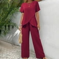 thumbnail image 2 of Duoif Womens Summer Outfits Women's Two Piece Outfits Irregular Short Sleeve Crew Neck Pullover Top Elastic Waist Wide Leg Pull on Pants Set with Pockets Pant Suits for Women Dressy Wine S, 2 of 7
