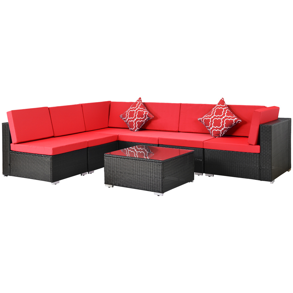 Patio Furniture Sofa Set, 7 Piece Outdoor Conversation Sets with 6 Rattan Wicker Chairs, Glass Coffee Table, All-Weather Patio Sectional Sofa Set with Red Cushions for Backyard, Garden, LLL1511 - image 3 of 8