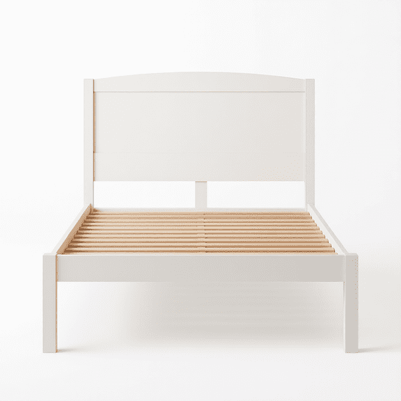 Twin Size Wooden Platform Bed Frame with Curved Headboard and Slats, White, No Box Spring Needed