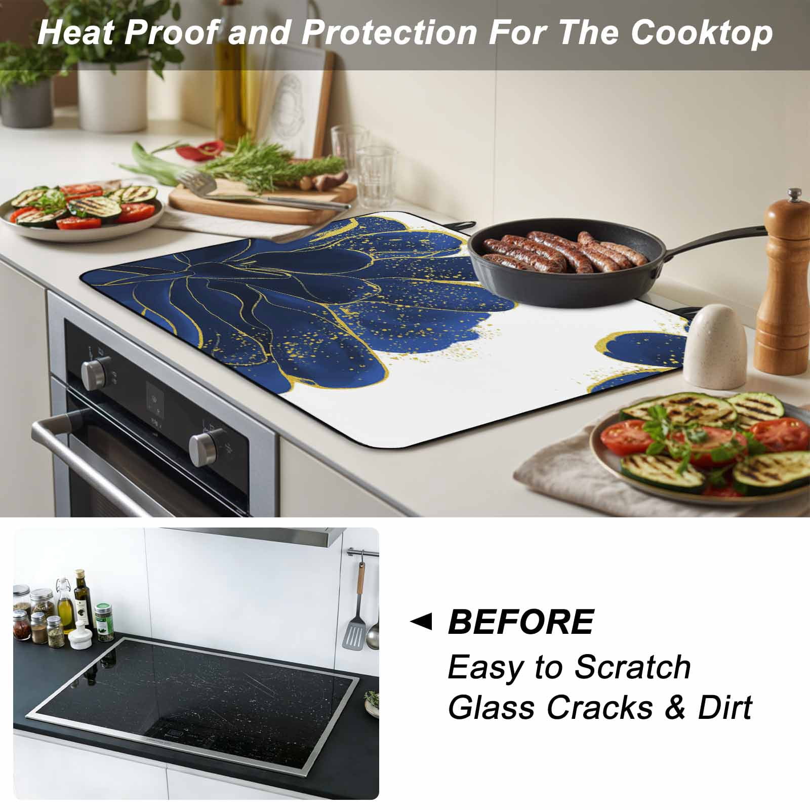 Navy Blue Gold Stove Top Cover for Electric Stove, Heat-proof & Non Slip Glass Top Stove Cover Protector, Abstract Line Art Troditional Ink Painting Kitchen Flat Cooktop Rubber Mat 31x24 Inches