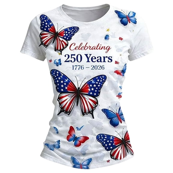 Puliio Women's USA 250th Anniversary T Shirt Crew Neck 1776-2026 T-Shirt Celebrating 250 Years 1776-2026 Butterfly Graphic 4th of July Tee
