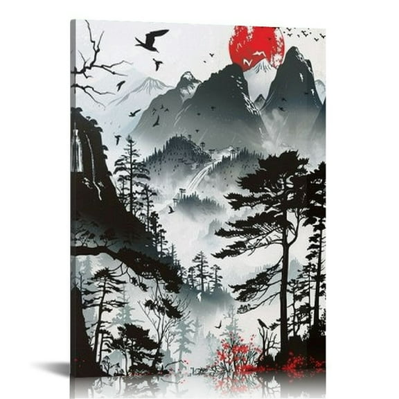 Shiartex Japanese Wall Art Prints,Japanese Landscape Art Posters,Red and Black Cherry Blossom Trees Picture Fashion Canvas Art Painting for Living Room Bedroom Wall Decor 12x16 in
