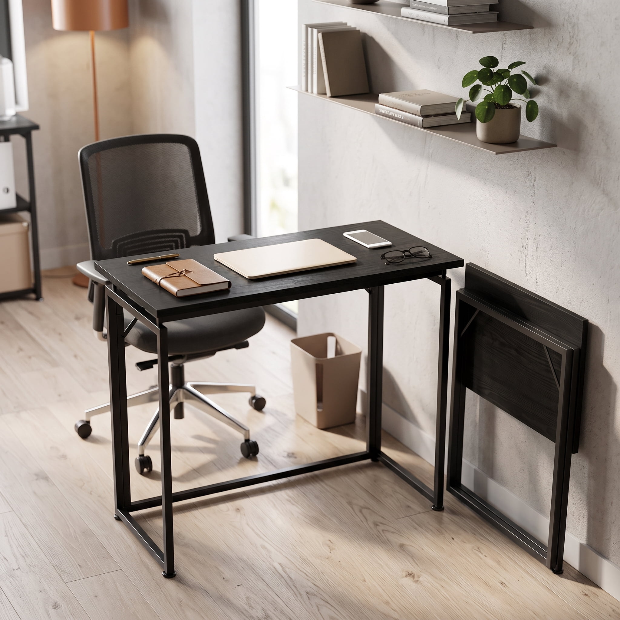 31.5 Inch Folding Desk, Black No Assembly Required Steel Frame Table, Compact Foldable Workstation for Apartment Dorm Bedroom Small Spaces