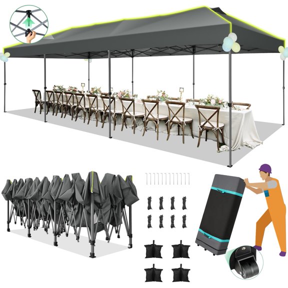 HOTEEL 10x30 EZ Pop Up Canopy, One Push Setup Glow Party Tent for Commercial, Waterproof UPF50 Wedding Tent with Wheeled Bag & Air Vent, Gray