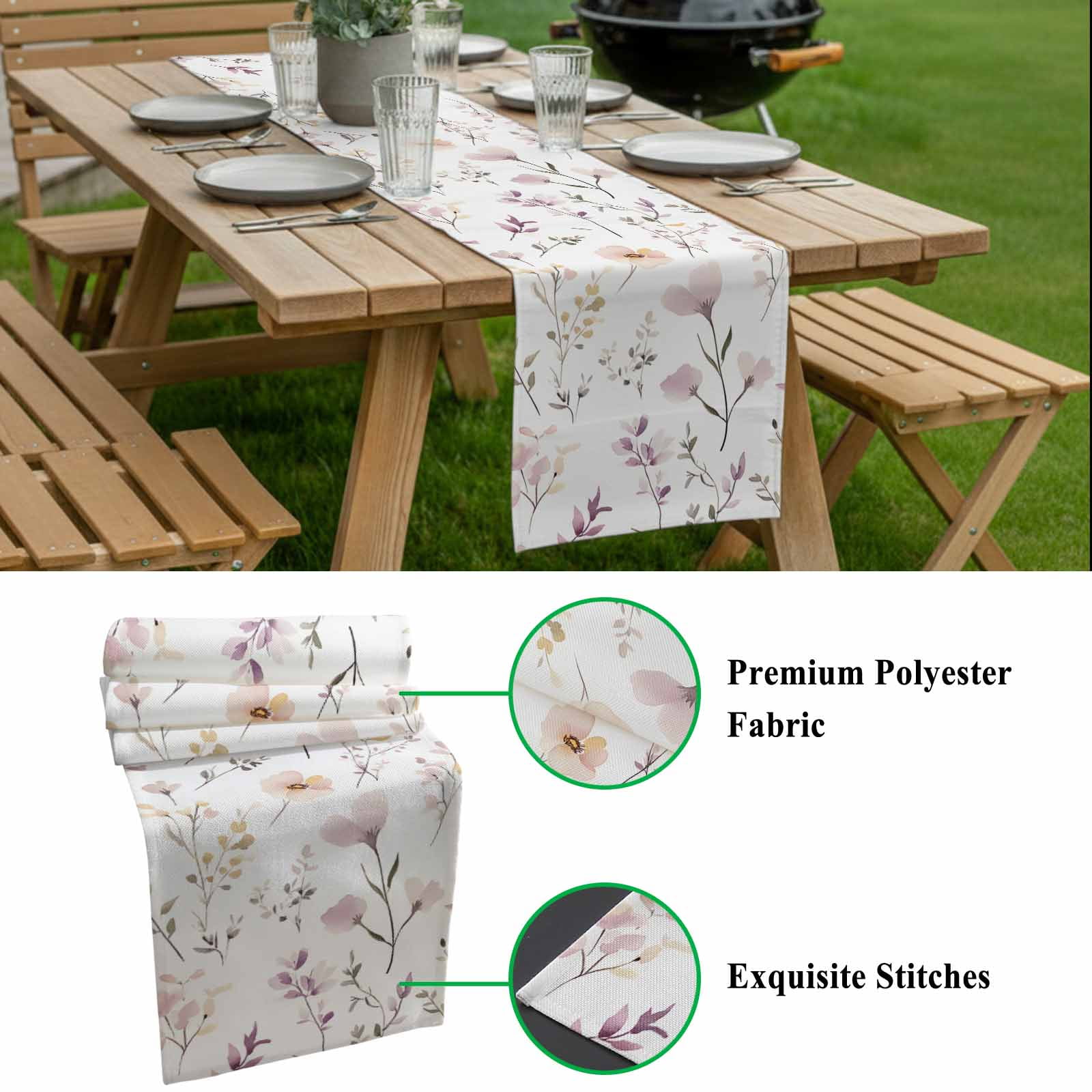 Watercolor Pink Table Runner 13x120 inch Flower Leaves Rustic Vintage Spring Plant Cotton Linen Dining Table Runner Ideal for Dresser Kitchen Coffee Tables - Machine Washable