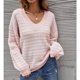 thumbnail image 2 of Mujeres rayas suéter de punto V cuello suelto manga larga Linda raya Jersey Top para otoño invierno rosa S, 2 of 6