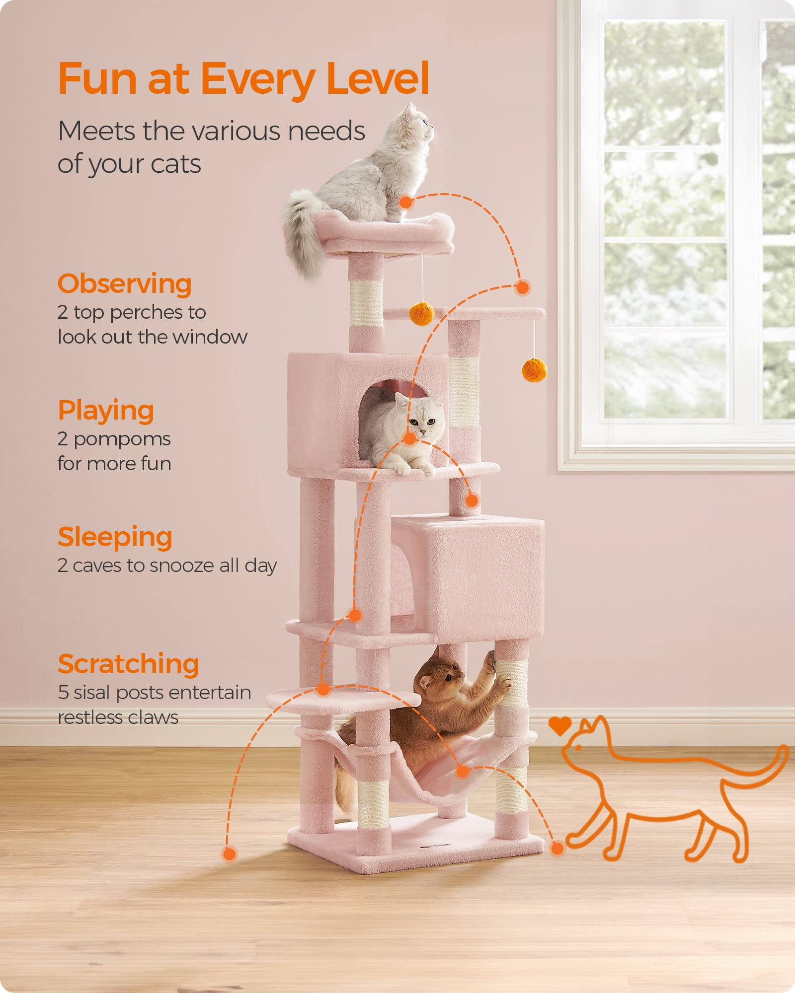61"H Cat Tree Cat Tower for Indoor Cats, Plush Multi-Level Cat Condo with Scratching Posts, Perches, Caves, Hammock, Pink