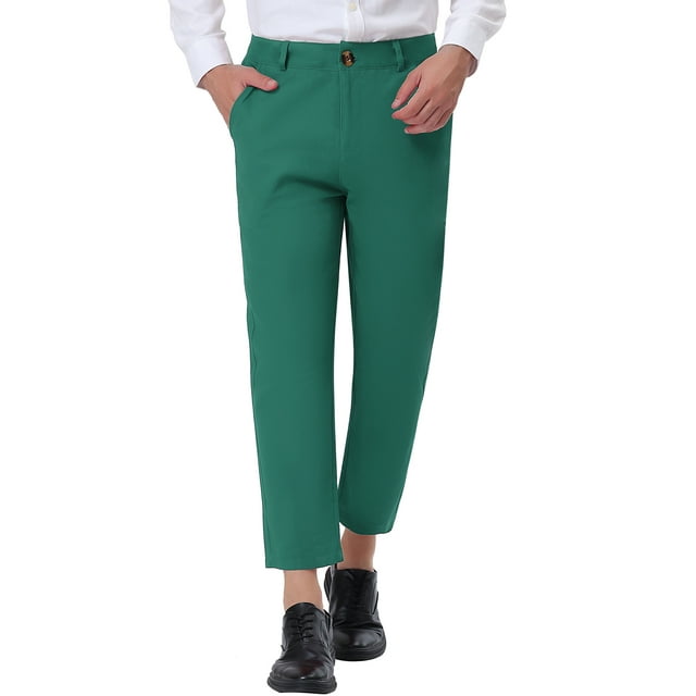 Pantalones de traje de negocios recortados para hombres Inspire Chic, corte recto, frente plano, talla 38, color verde