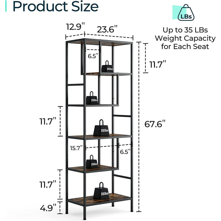 LINSY HOME 6 Tier Bookshelf, Tall Bookcase Shelf Storage Organizer, Modern  Book Shelf for Bedroom, Living Room and Office, Brown 