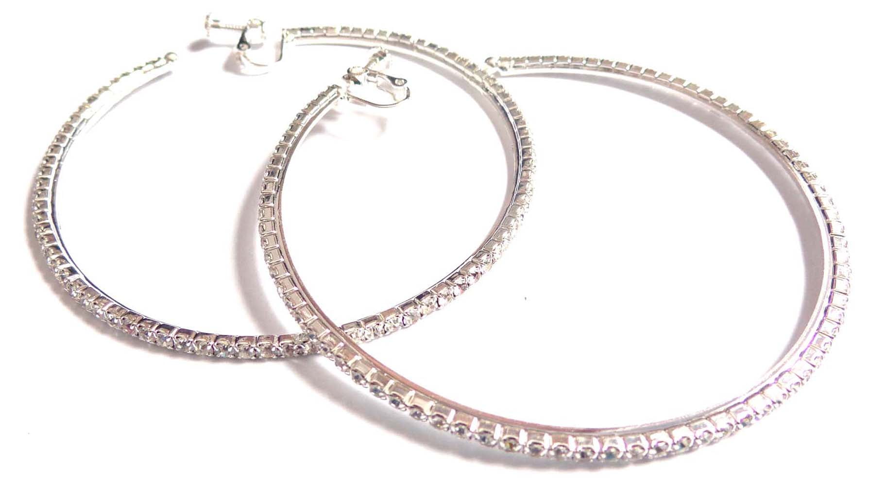 Crystal Iridescent Rhinestone Earrings 2 inch Hoop Silver Rhodium Thin Hoops 