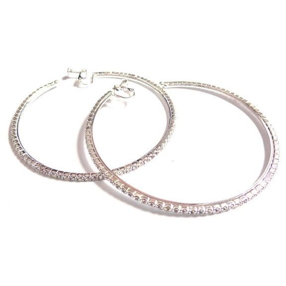 Clip-on Hoop Earrings Large 4 inch Silver Tone Hoop Earrings Crystal Hoops