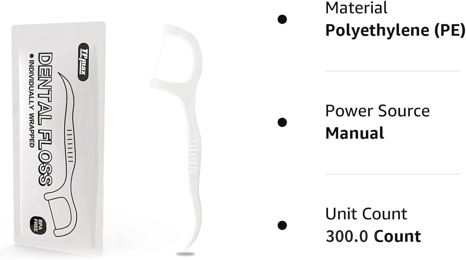 300 pieces of dental floss, each piece individually packaged. The dental floss is packed in single pieces