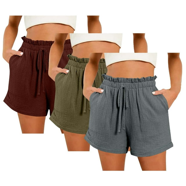 Hyknon 3PC Shorts for Women Summer Casual Solid Color Comfortable Loose Fitting Workout Shorts Elastic Waist Drawstring Sports Gym Running Shorts with Pockets