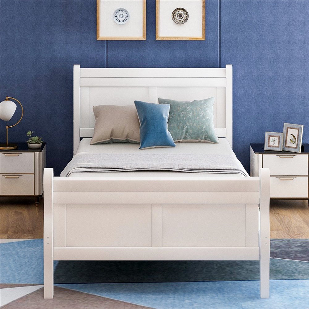 Clearance!Twin Platform Bed Frame, White Wood Bed Frame with Headboard