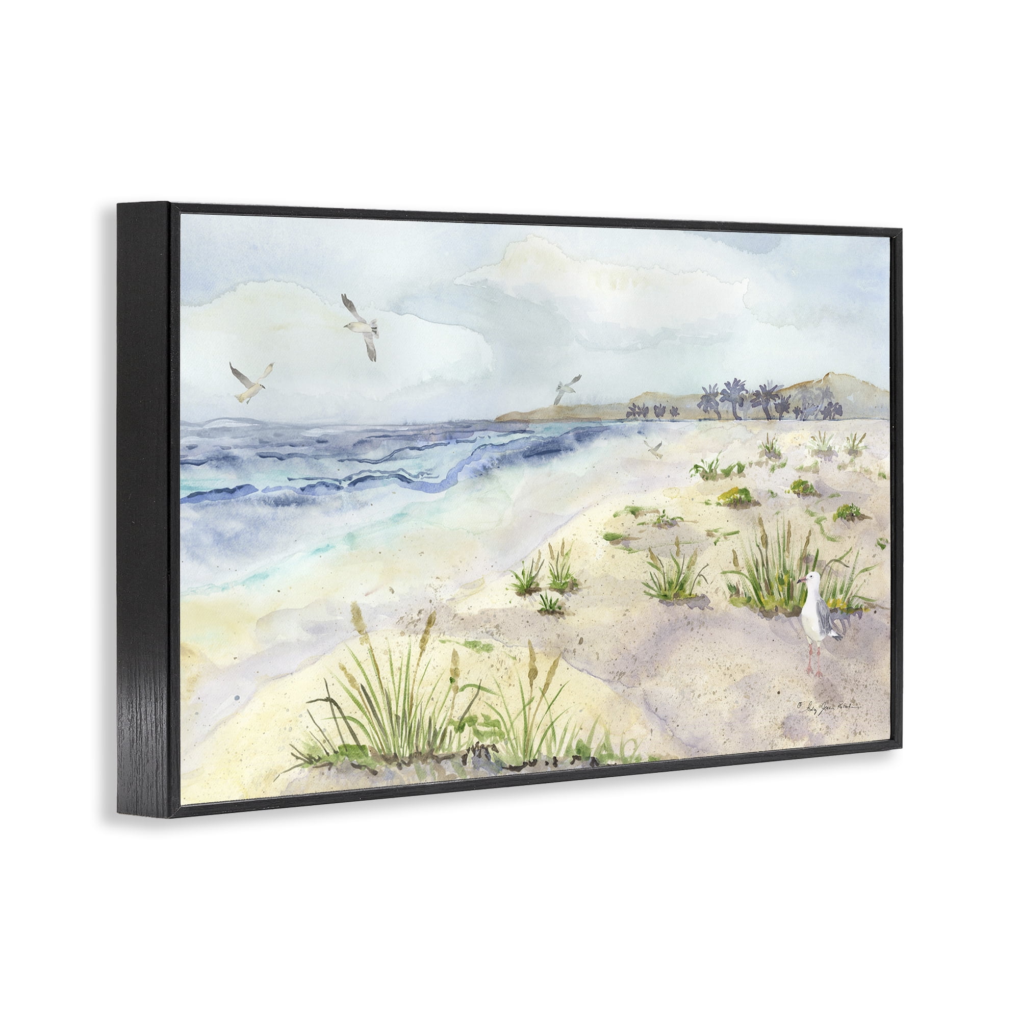 Stupell Industries Seagulls Over Beach Landscape Painting Black Framed Art Print Wall Art, 30 x 20