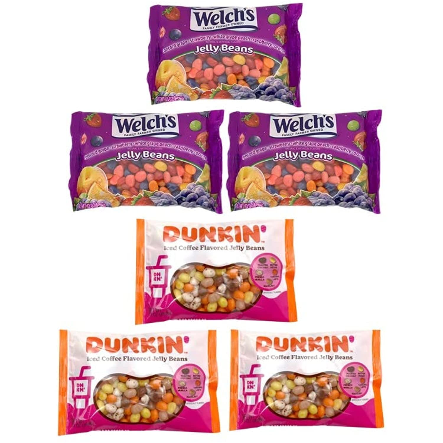 Welchs Fruit Flavored Jelly Beans 3 Pack & Dunkin Iced Coffee Jelly Beans 3 Pack Easter Basket Stuffers & Easter Egg Fillers For Kids Girls Boys Teens Adults, By Frankford Candy