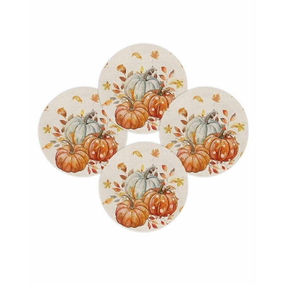 Fall Round Placemats Set of 4 Watercolor Orange Pumpkin Place Mats Thanksgiving Woven Placemat Yellow Leaves Beige Circle Braided Table Mat for Kitchen Dining Table Autumn Party Home Decor 15 Inch