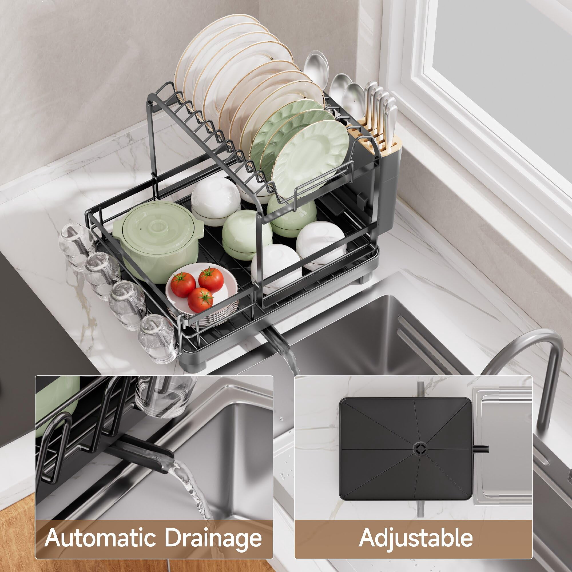 2-tier Dish Drying Rack  Large With Drainboard Set Detachable 4-in-1 Capacity Drainer Over The Sink Anti-rust For Kitchen Counter Black