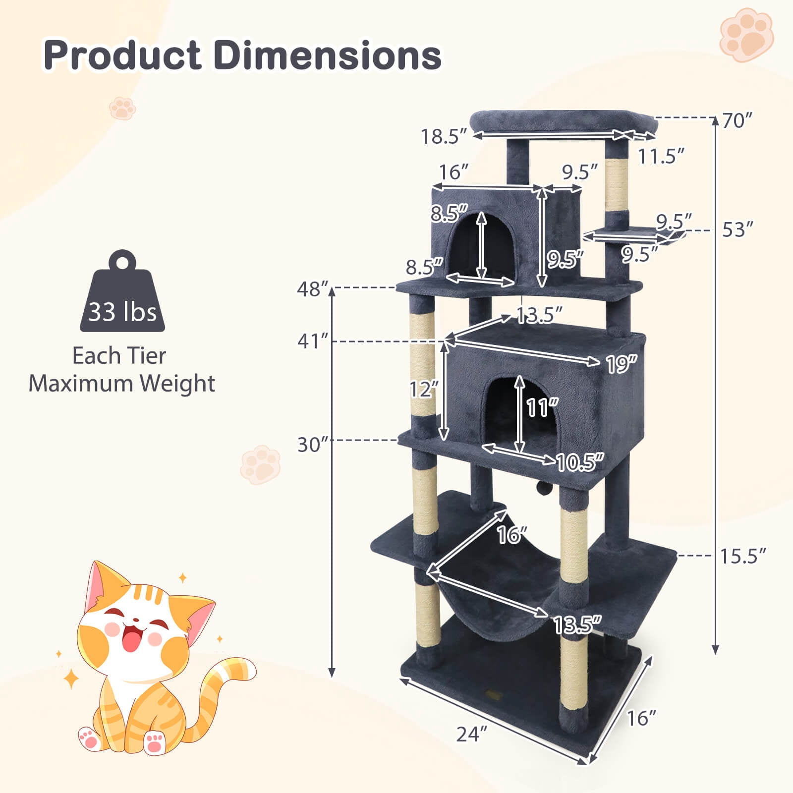 Costway 70” Large Cat Tree for Indoor Cats with Plush Top Perch, Dual large Condos, Hammock Dark Gray