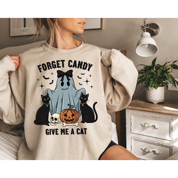 Forget Candy Give Me a Cat Halloween Sweatshirt for Women - Cute Ghost With Black Cats Pumpkin And Skull Graphic Sweatshirt, Cat Lover