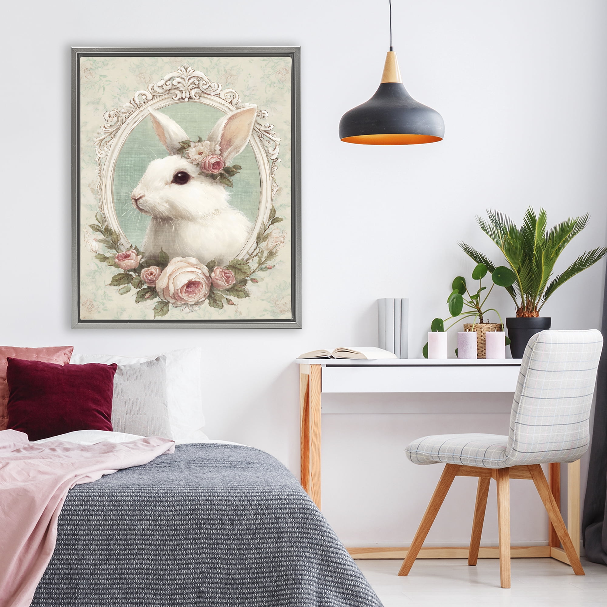 Stupell Industries Flower Fringed Bunny Portrait Gray Framed Floater Canvas Wall Art, design by Ink Drop Loft