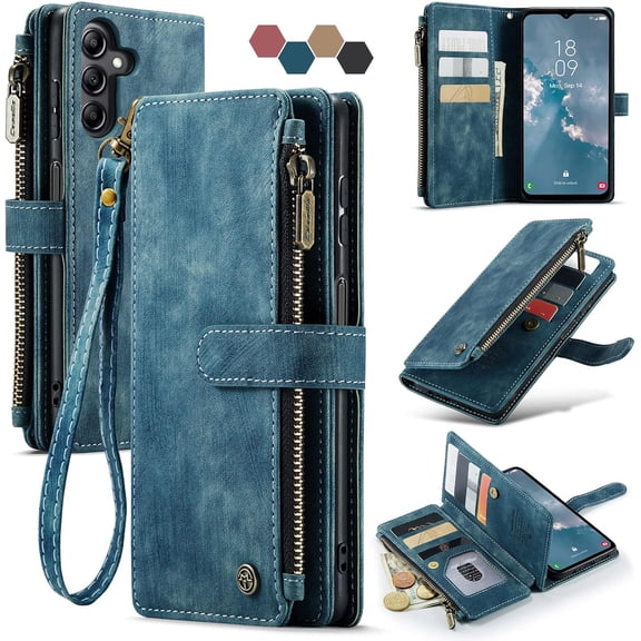 Leather Case For Samsung Galaxy A14 5G Wallet Case with Card Holder Kickstand Magnetic Zipper Pocket Lanyard Strap Wristlet,Leather Flip Case Wallet for Samsung Galaxy A14 5G 6.6 Inch