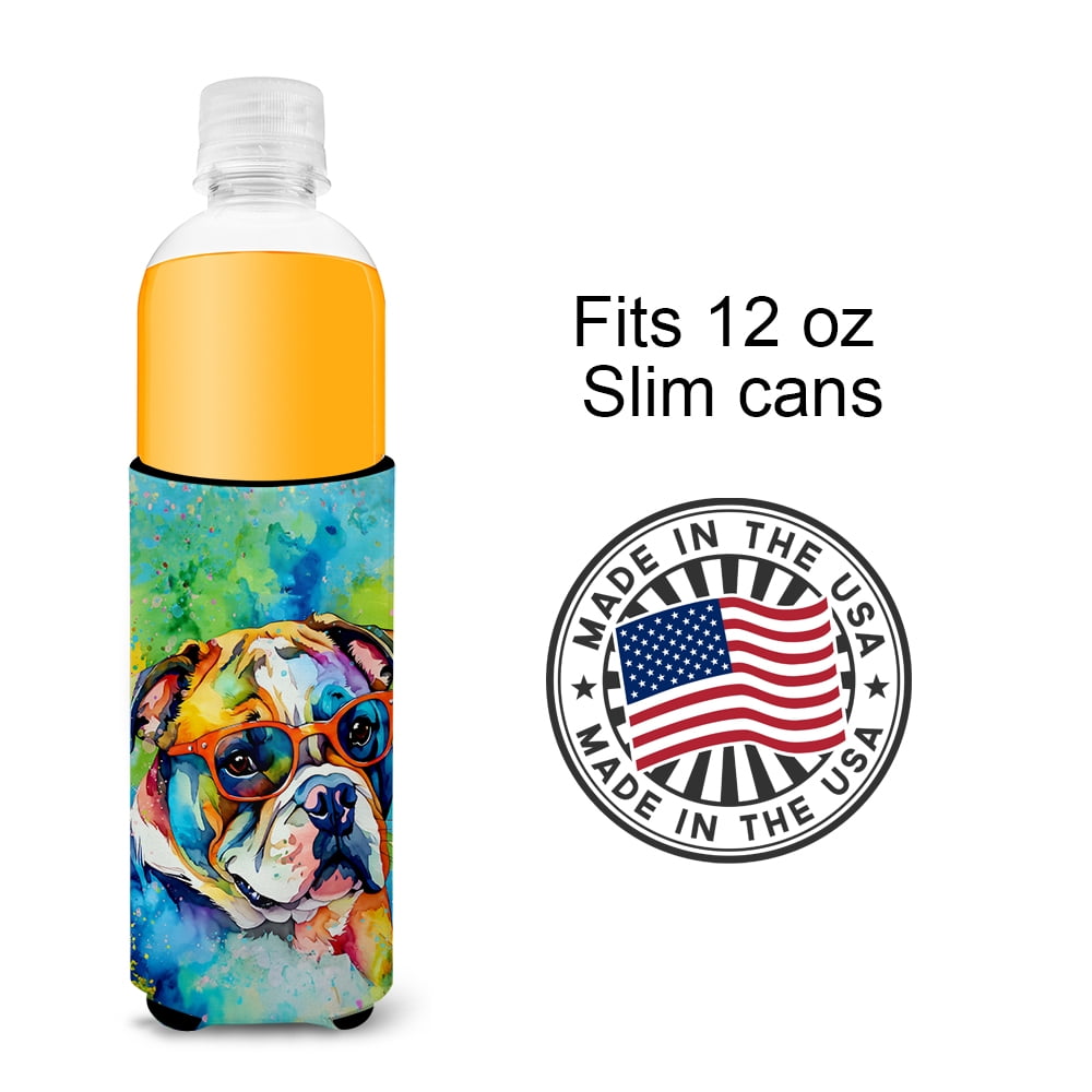 English Bulldog Hippie Dawg Hugger for Ultra Slim Cans 4 in x 6.5 in