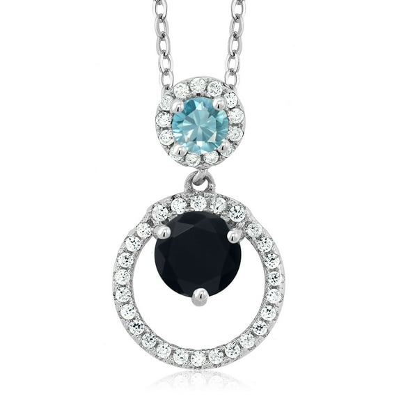 Gem Stone King 925 Sterling Silver Black Onyx and Blue Zircon Pendant Necklace for Women (1.90 Cttw, Gemstone December Birthstone, Round 6MM and 4MM)