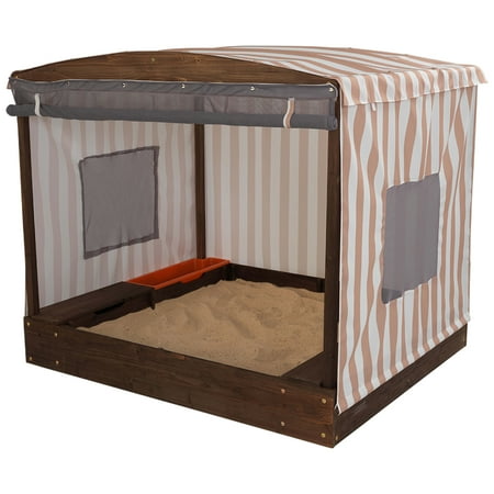 UPC: 0706943005040 | KidKraft Wooden and Canvas Outdoor Cabana Sandbox with Storage Bins Beige & White Stripes