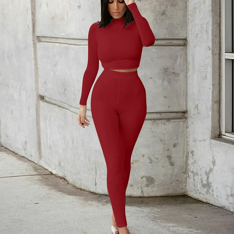 XFLWAM Workout Sets 2 Piece Outfits for Women Crewneck Long Sleeve Ribbed  Crop Top High Waist Yoga Leggings Lounge Wear Tracksuit Wine Red XXL 