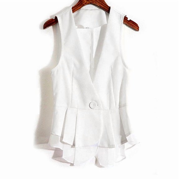VIWORLD The Garden Party Vest: Women's Sleeveless V-Neck Blazer with Ruffled Lace Hem for Elegant Spring Layering White,M