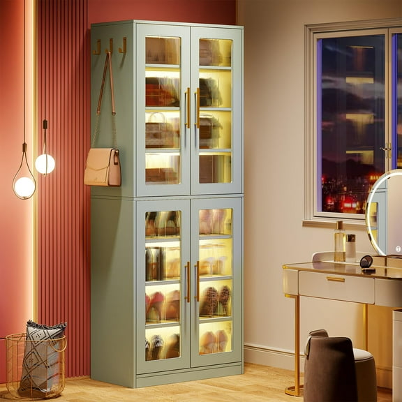Tribesigns Tall Shoe Cabinet with Acrylic Doors and LED Light for Living Room, 24 Pairs,Mint Green