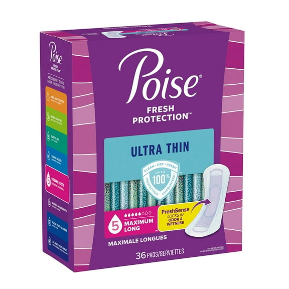 Poise Fresh Protection Ultra Thin Female Incontinent Pad Long Length 14.1 Inch Length 54352, 54, 72 Ct