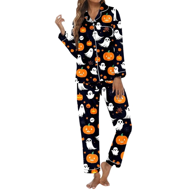 Ensembles de Pyjama pour Femmes Imprimé Halloween Col Boutonné Manches Longues Ensemble de Nuit Confortable Doux pour la Maison