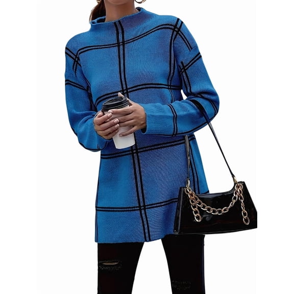 Checkered Knit Sweater for Women Fall Winter Casual Mock Neck Pullover Striped Sweaters Color Block Tops Royal Blue M