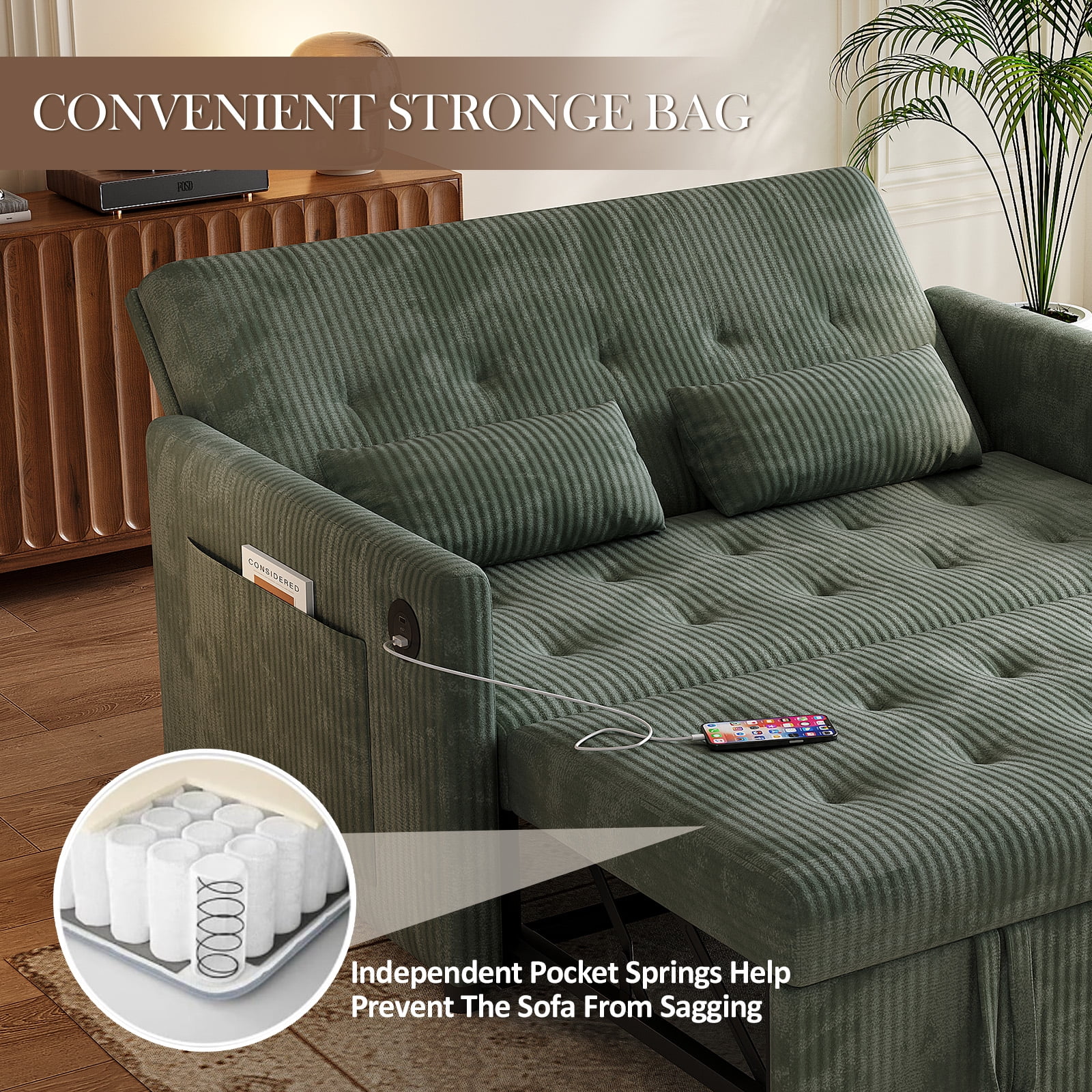 Loveseat Sleeper Sofa,Convertible Sofa Bed,3-in-1 Modern Couch with Pull Out Bed,Sofa Bed with Pockets and USB for Small Spaces,Green