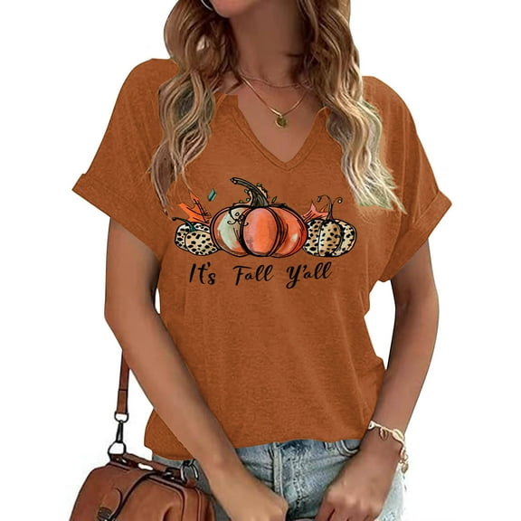 VKOYWKM Women's Thanksgiving Pumpkin T Shirts V Neck Short Sleeve Fall Tops Halloween Graphic Tees Thankful Grateful Blessed T-Shirts