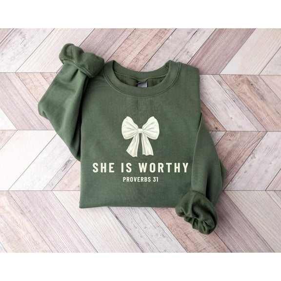 Velto She Is Worthy Proverbs 31 Sweatshirt, Worthy Hoodie, Christian Coquette Sweatshirt, Coquette Bow Christian, Bible Verse, Women Christian Gifts All Size S-5XL