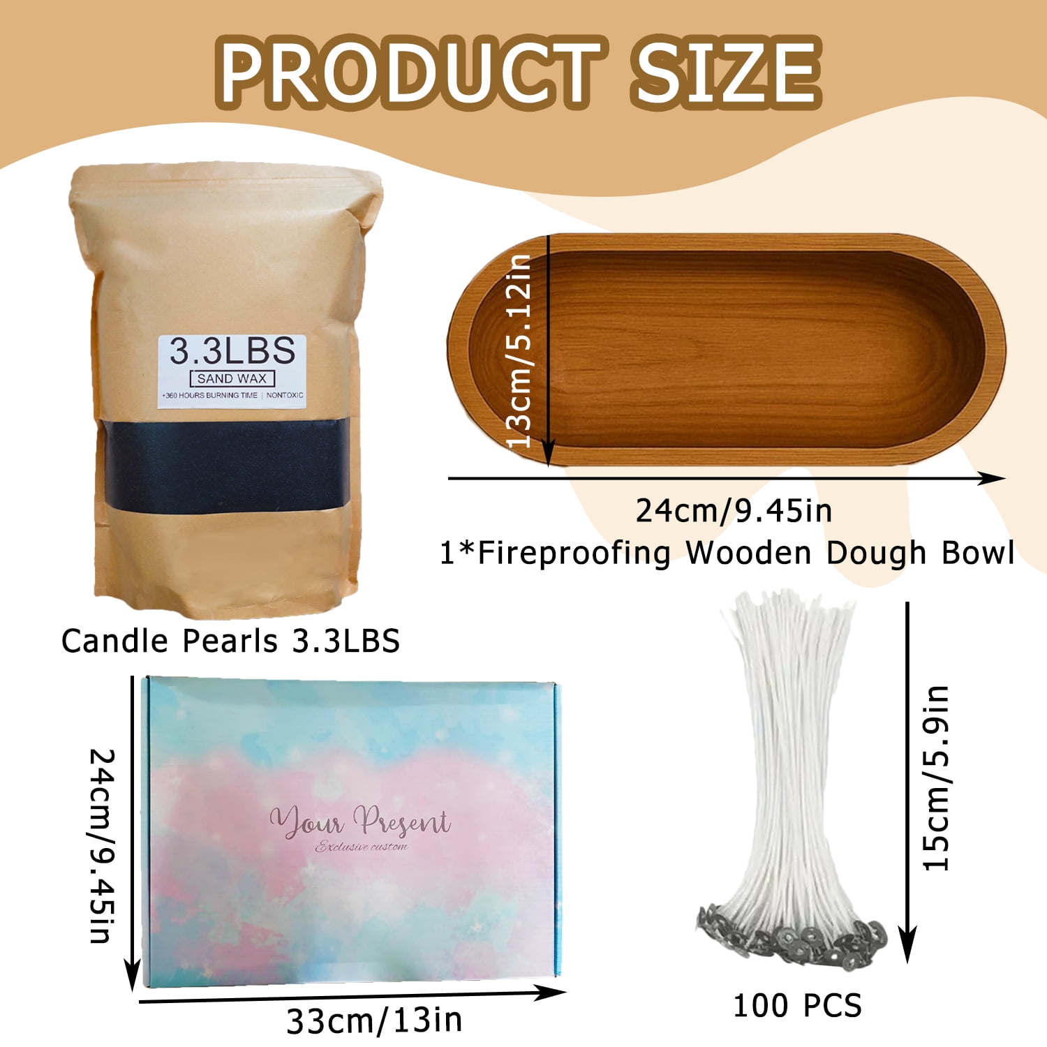 Pearled Candle Sand Gift Set with Wicks,3.3 lbs Sand Wax Candle Kit:Wooden Dough Bowl,100 Wicks,Scented Oil,Up to 360 Hours Burn Time,Non-Toxic,Reusable Candle Making Kit,Black