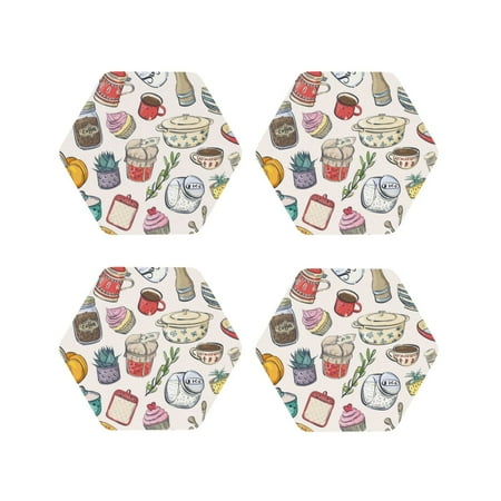 

Drink Coasters Set of 4 Cooking Utensils Leather Coasters for Coffee Table Protector Heat Resistant Cute Coasters for Home Decor Housewarming Gifts Bar Kitchen 4 Inch Hexagon