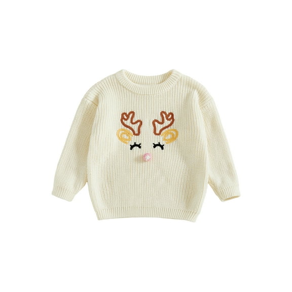 Miaouyo Toddler Baby Girl Christmas Fall Sweaters 6 12 18 24 Months 2T 3T 4T Classic Long Sleeve Reindeer/Letter Embroidery Knit Pullover Tops