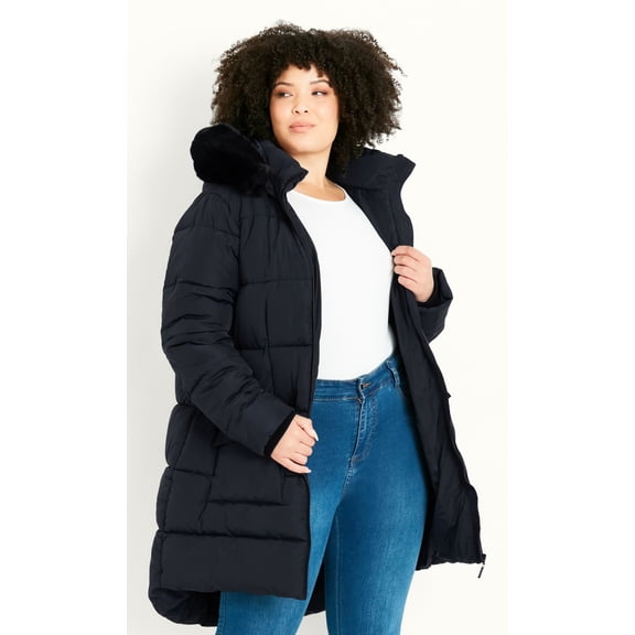 Evans Women's Plus Size Contrast Zip Faux Fur Trim Coat