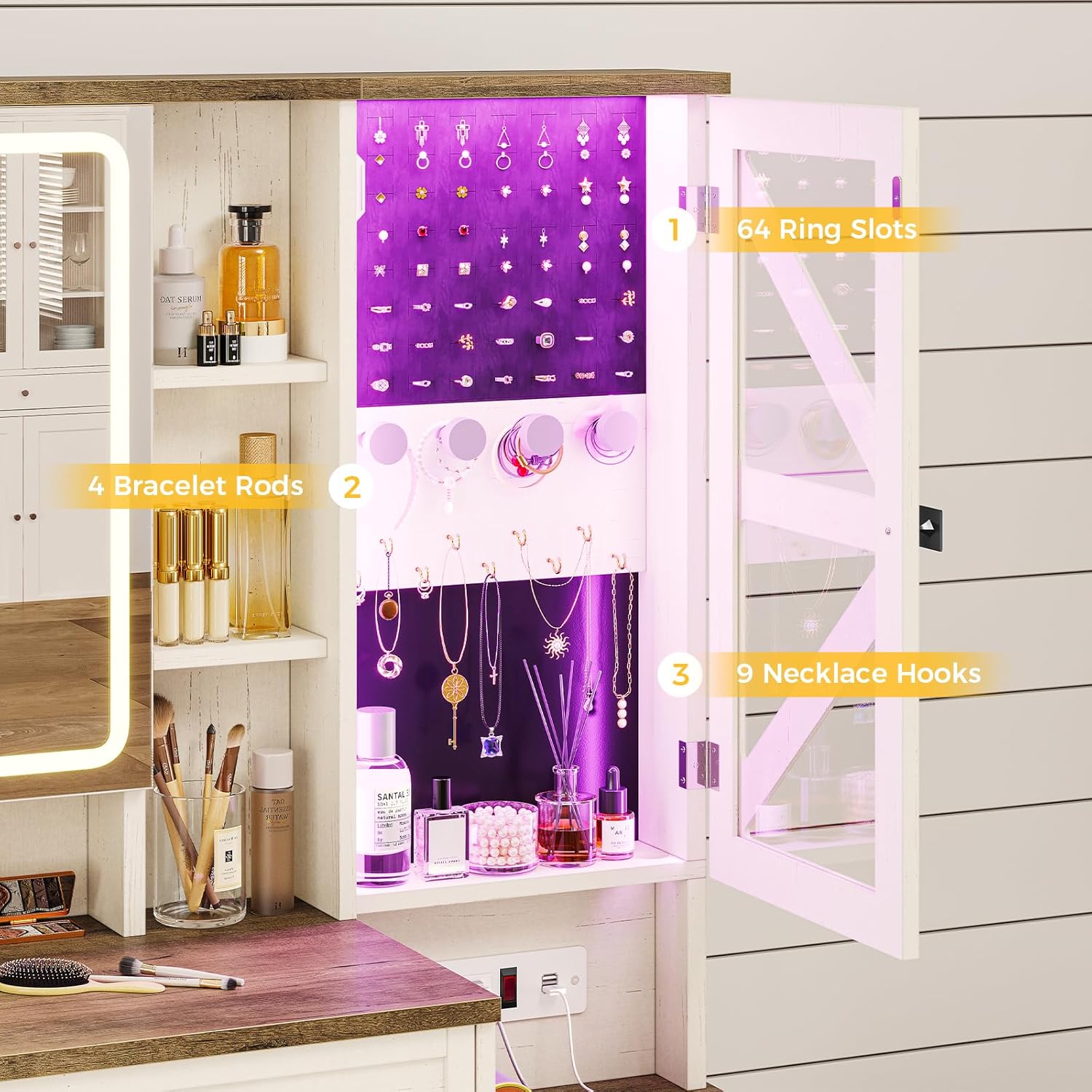 Farmhouse Vanity Desk with Mirror and Lights, Makeup Vanity Set with Lights & Jewelry Cabinet & 5 Drawers, Vanity Table with Charging Station, Hidden Storage Space for Bedroom, Antique White