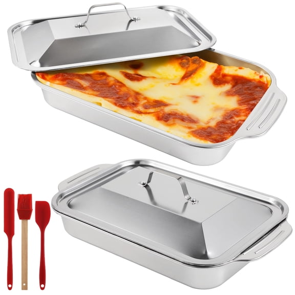 2 PCS Stainless Steel Lasagna Baking Pan, Deep Baking Pan with Lid, Silicone Spatula & Brush, Rectangle Roasting Dish, Bakeware Tray for Cake Bread Brownies Turkey, Oven & Dishwasher Safe