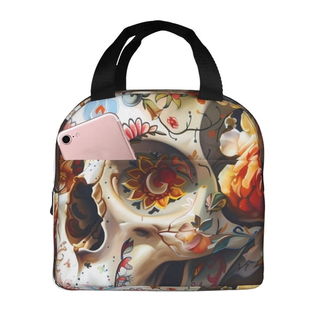 Balery Rose Floral Skull Bolsa de Almuerzo Aislada – Caja de Almuerzo con Papel de Aluminio Grueso, Mantiene la Comida Fresca por 4 Horas